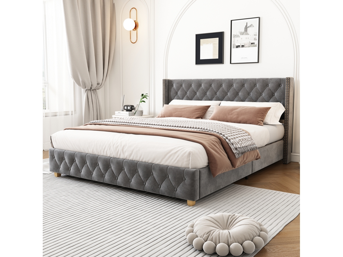 Cama 140x190 Veludo Cinza Com Rebites