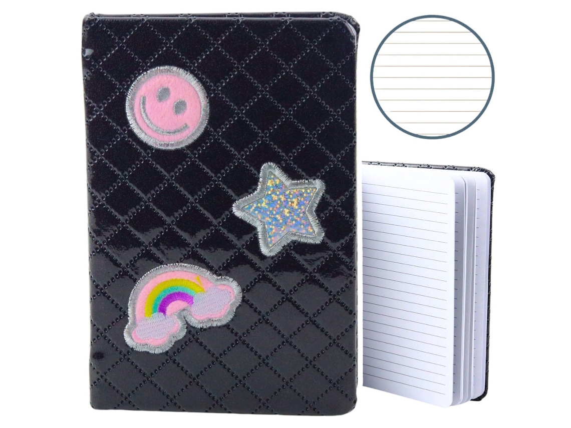 Caderno Pautado B6 Com 80 Páginas, Preto Com Glitter E Aplicações