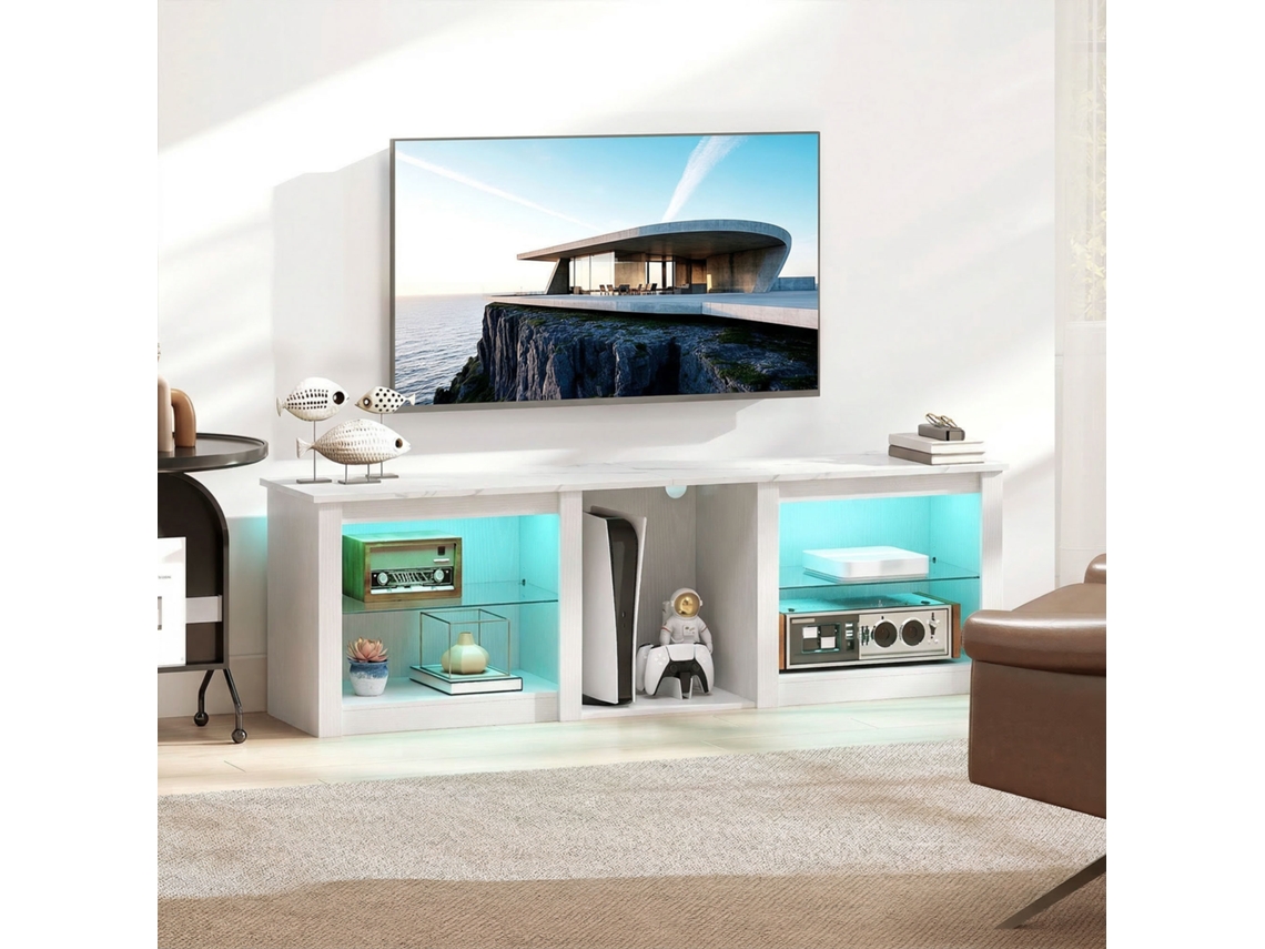 Suporte Para Tv Com Iluminação Led Para Televisores De Até 70 Polegadas (160 Cm), Com Prateleiras De Vidro Ajustáveis, Branco.