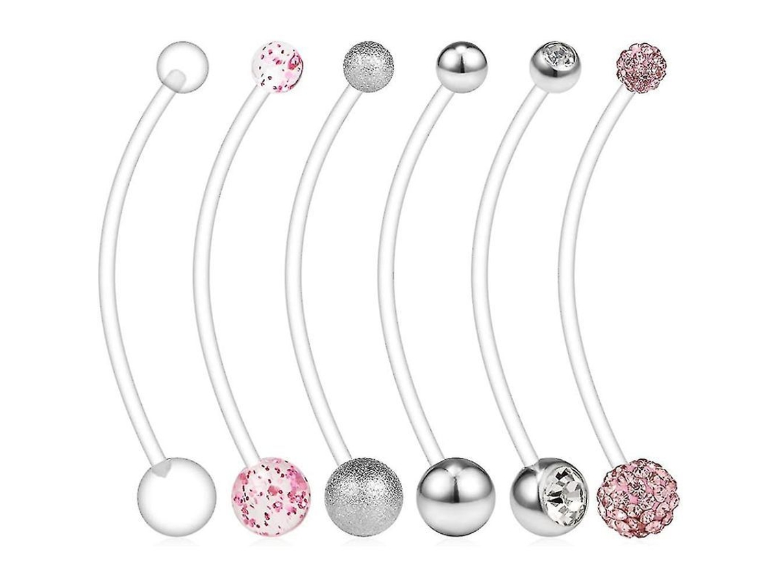6 Peças Anéis De Umbigo Esportivos Gravidez Flexível Bioplástico 14g 38mm Aço Cirúrgico 316l Acrílico Cz Rosa