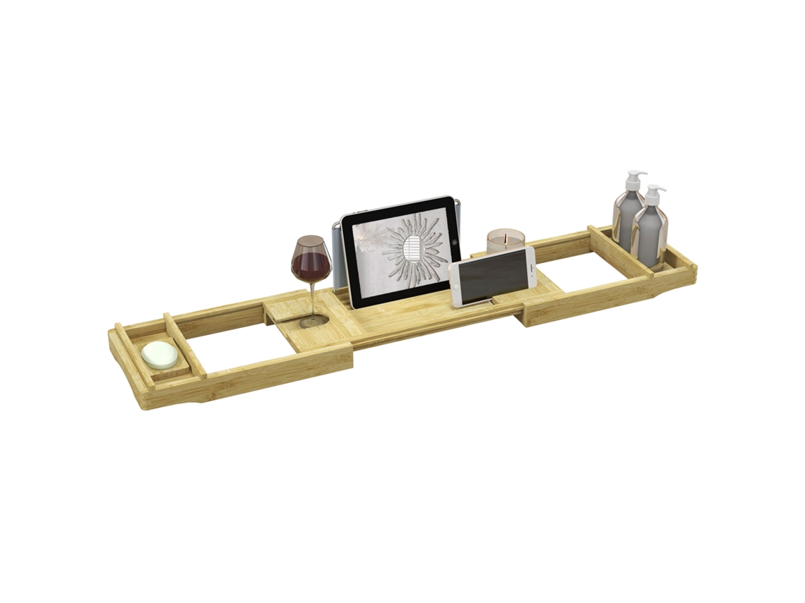 Bandeja De Banheira Extensível Em Bambu Com Suporte Para Copos E Saboneteira, 75-109 X 23 X 4,5 Cm