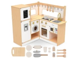 Cozinha Infantil em Madeira Cozinha de Canto Interactiva Frigorífico Micro-Ondas Forno Máquina de Lavar Roupa Acessórios MAMABRUM
