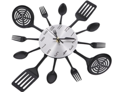 Relógio De Parede Com Porta Talheres, Moderno E Silencioso, Preto Com Mostrador Prateado, Decoração De Parede. Gokoco