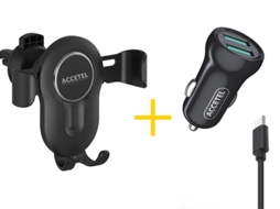Pack Auto Suporte ACCETEL SP118 + Cabo Type C + Carregador para Apple iPhone 16 Pro Max ACCETEL CC266 2X USB 2.4A Preto