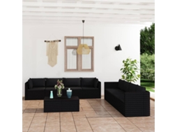 Conjunto Lounge Jardim 9 Peças C/ Almofadões Vime Pe Preto Dkd Home Decor