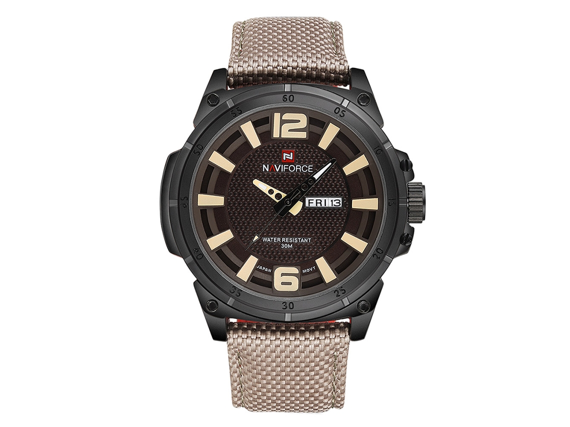 Relógio masculino Naviforce em nylon com calendário, movimento de quartzo, à prova d'água, estilo executivo, amarelo.