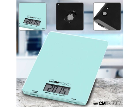 Balança de Cozinha CLATRONIC KW 3626 Verde (Capacidade: 5 Kg - Precisão: 1 g) — balança de cozinha com superfície em vidro, pesagem até 5kg com intervalos de 1g.