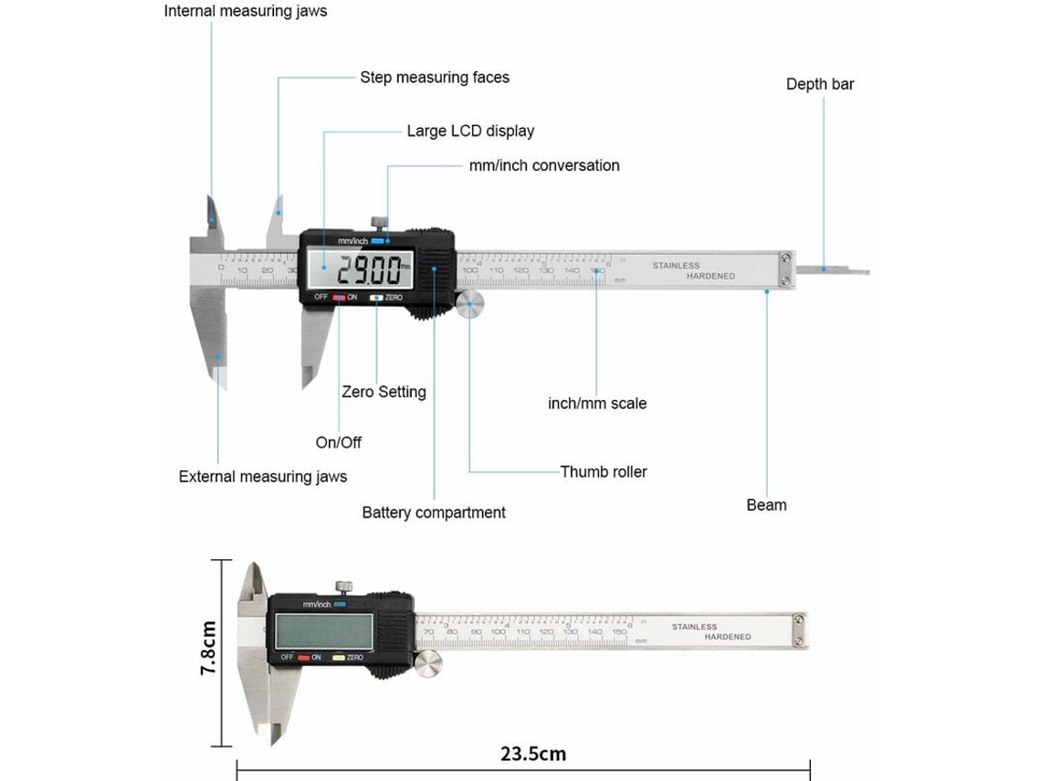 Peça Pinça De Freio Digital 150 Mm Aço Inoxidável Grande Tela Lcd Precisão Ajustável 0,01 Mm, Mm/polegada Conversão Indústria Doméstica Slowmoose