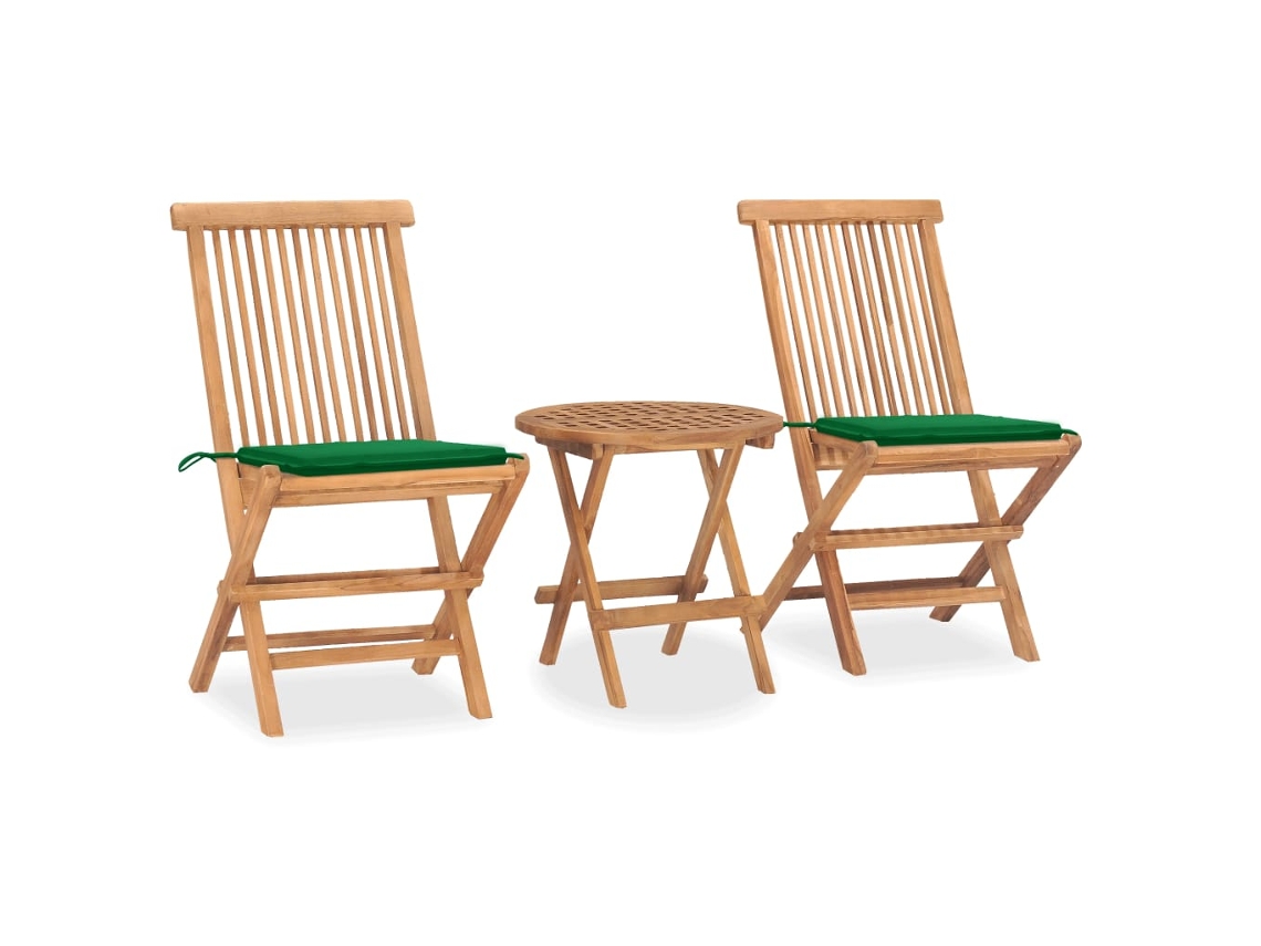 Vidaxl 3 Pcs Conj. Jantar Dobrável Exterior C/ Almofadão Teca Maciça