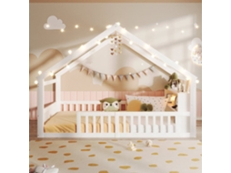 Cama Baixa 140x190 Cm - Berço Com Grades, Estilo Minimalista, Madeira De Pinho, Branco