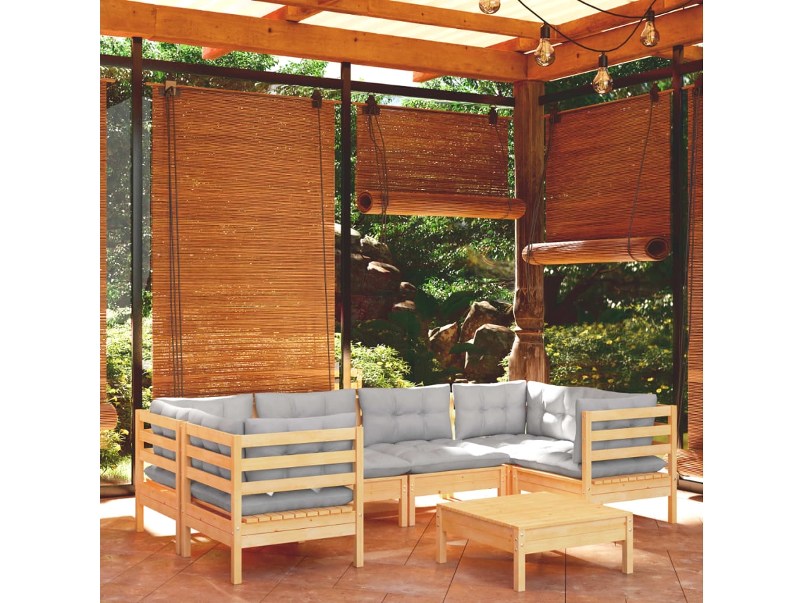 7 Pcs Conjunto Lounge De Jardim C/ Almofadões Cinzentos Pinho Dkd Home Decor