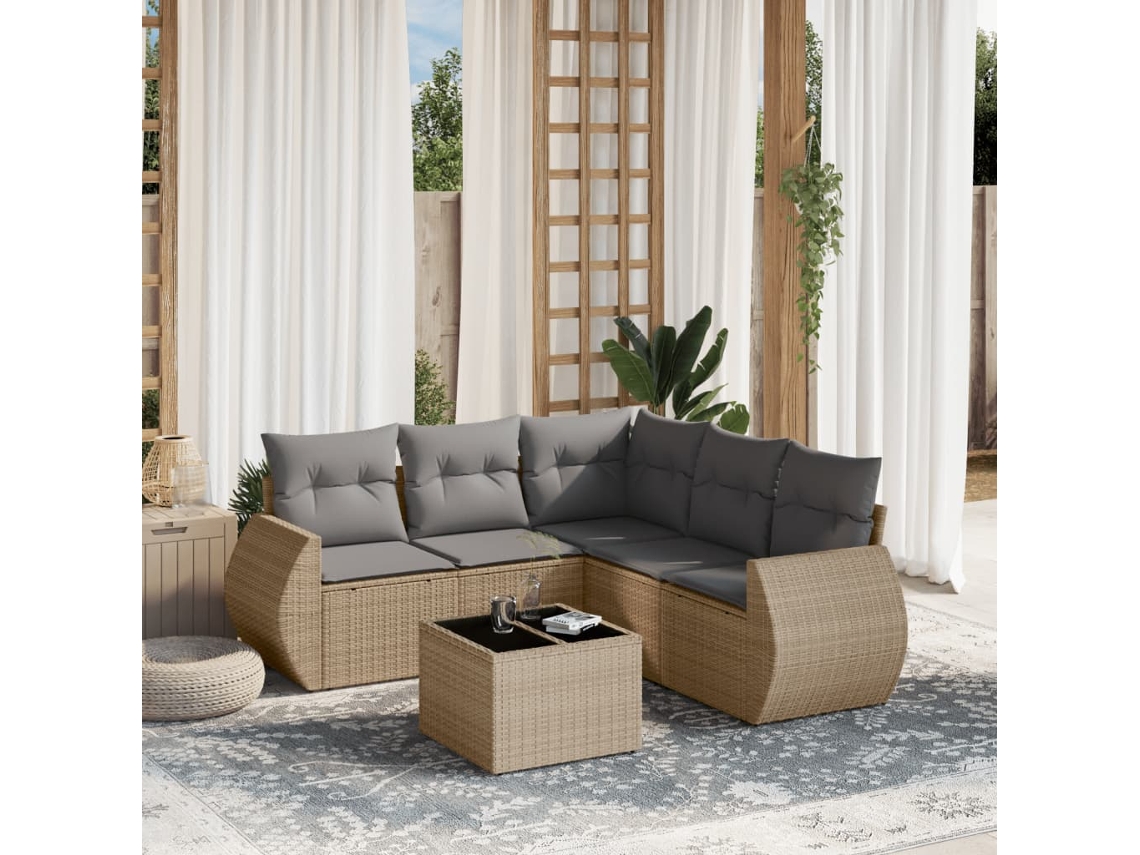 Vidaxl 6 Pcs Conjunto De Sofás P/ Jardim Com Almofadões Vime Pe Bege
