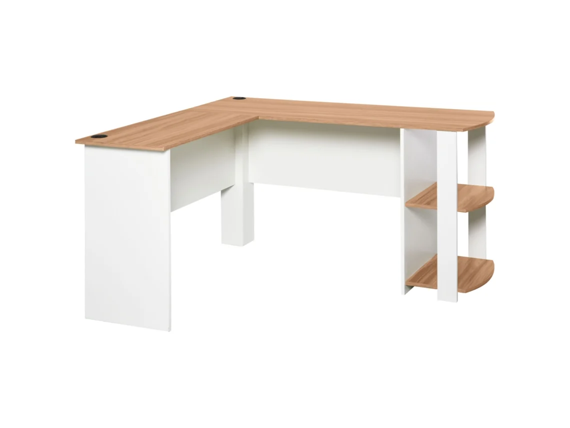 Secretária de Canto Mdf Cor Branco e Madeira 136x130x72 cm Homcom