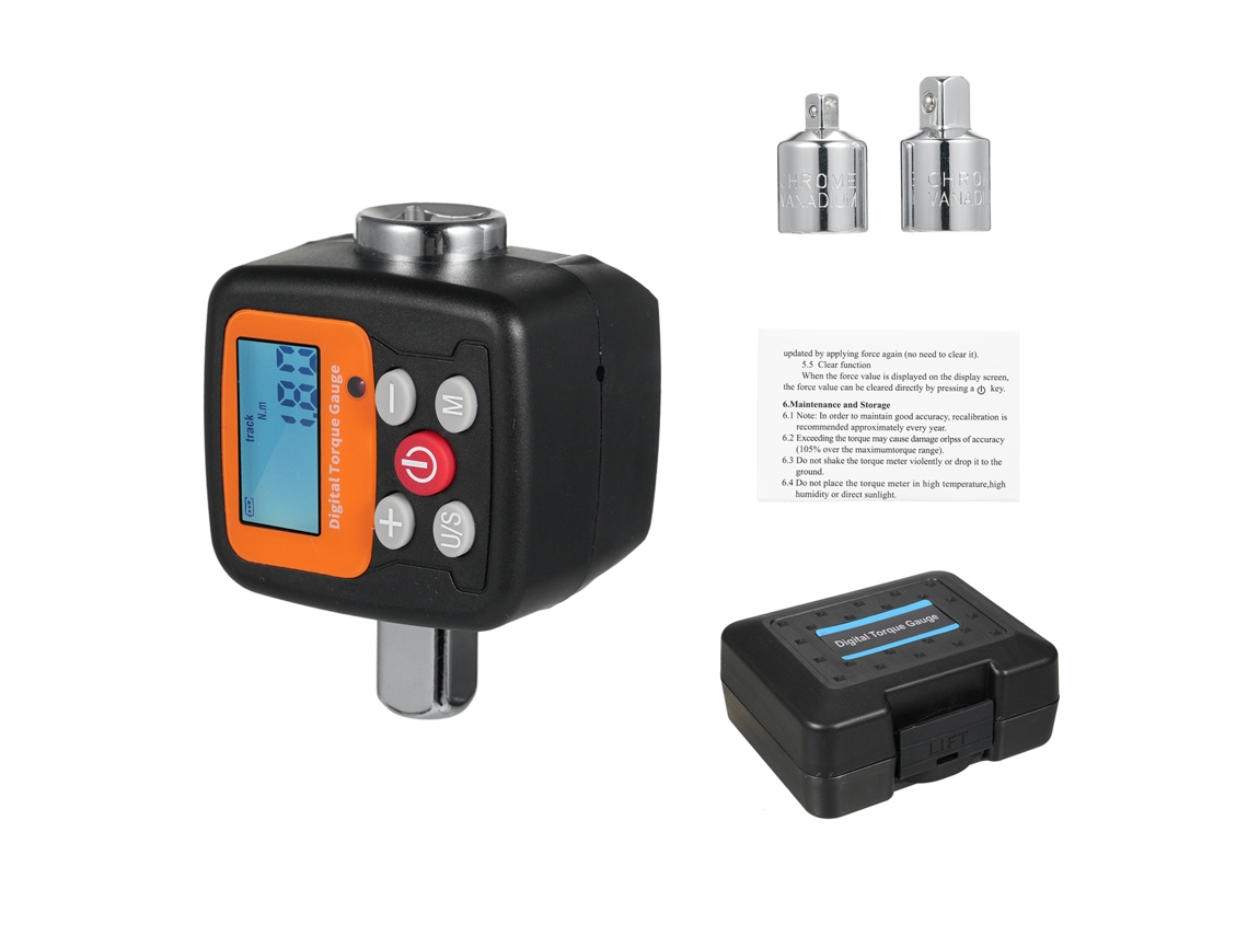 Medidor de torque digital preciso com adaptadores para carros e motocicletas.