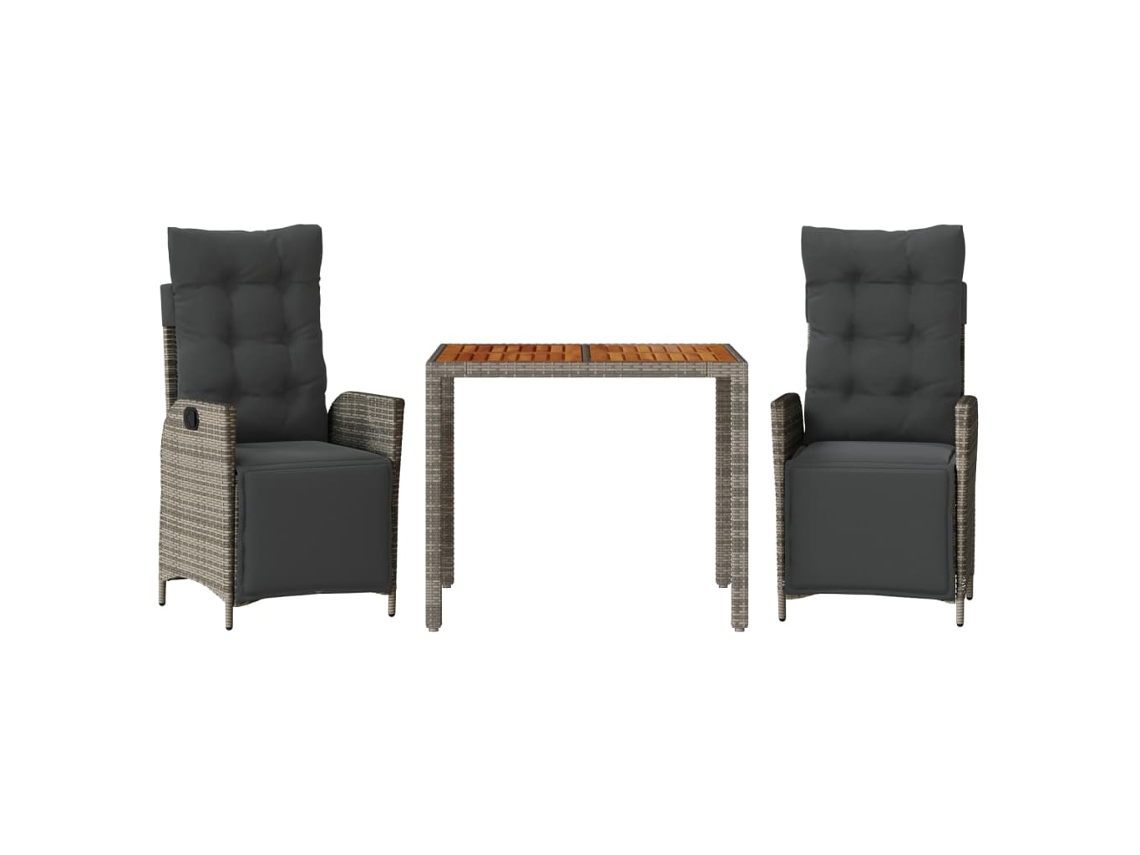 Conjunto 3 de jantar p/ jardim c/ almofadões VIDAXL vime PE cinza