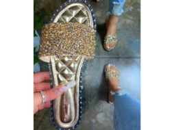 Chinelo rasteiro feminino com glitter, modelo 2026, em material sintético.