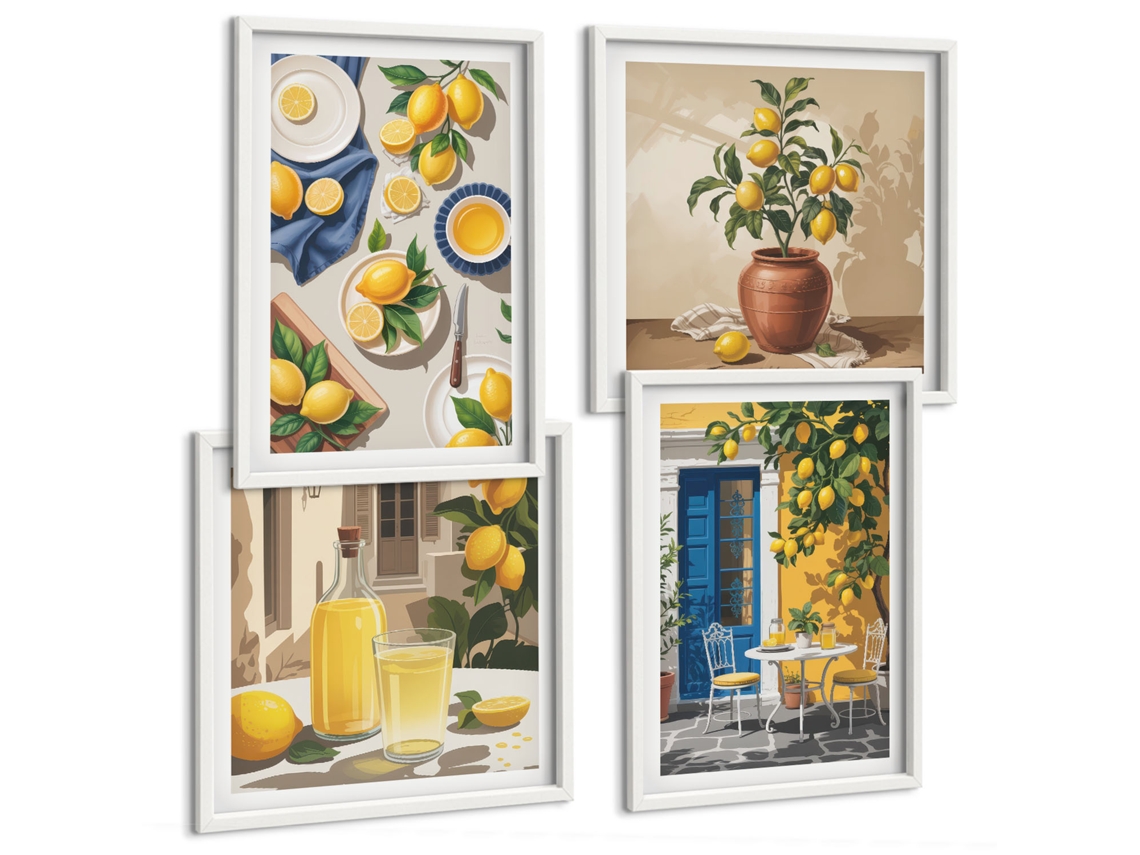 Conjunto De Pinturas Limoeiro Com Bebidas Moldura Branca Fotos Para O Escritório Espelharte (conjunto De 4 Imagens)