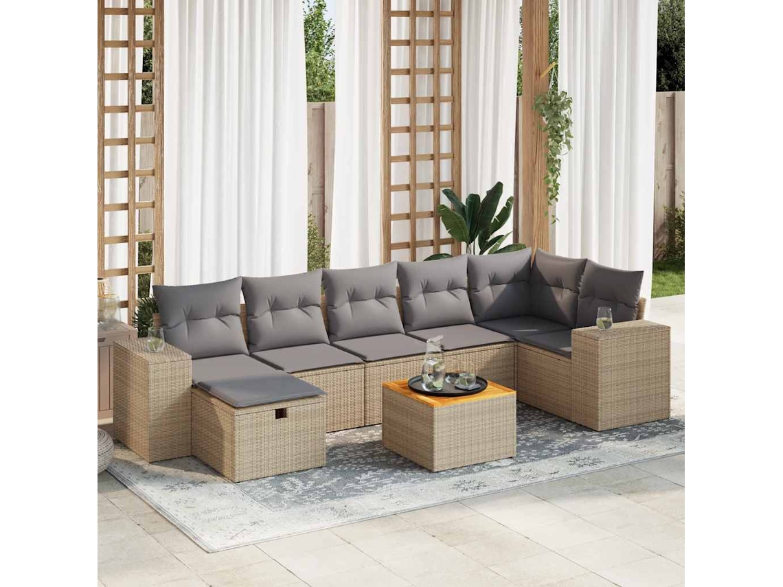 Vidaxl 8 Pcs Conjunto De Sofás P/ Jardim Com Almofadões Vime Pe Bege