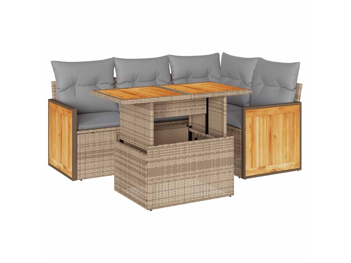 Conjunto Sofás de Jardim 5 Pcs com Almofadões Vime Pe/Acácia Bege MAISON EXCLUSIVE (5 pcs)