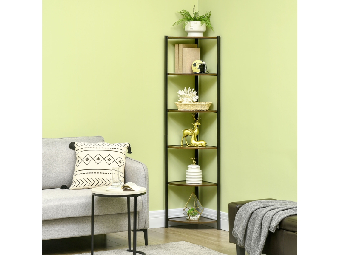 Estante Moderna De Canto Com 6 Prateleiras Em Metal E Mdf, 34x34x166cm, Marrom Preto