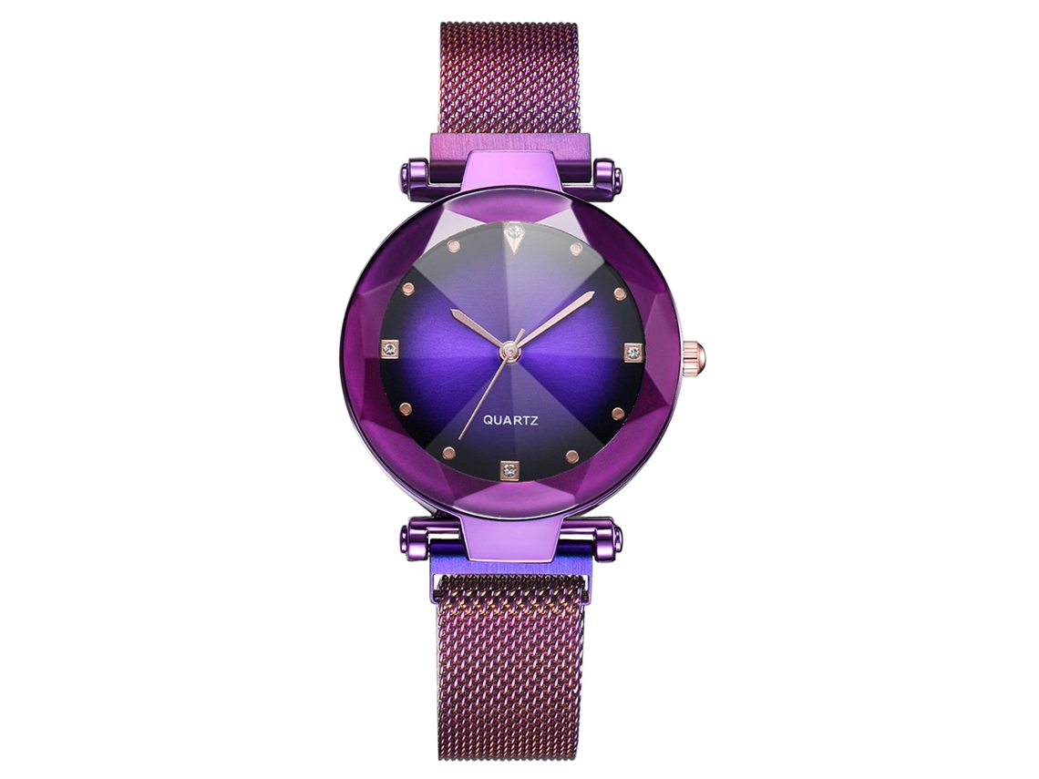 Relógio de Pulso de Quartzo com Strass e Pulseira de Malha Moda Unissex (roxo)