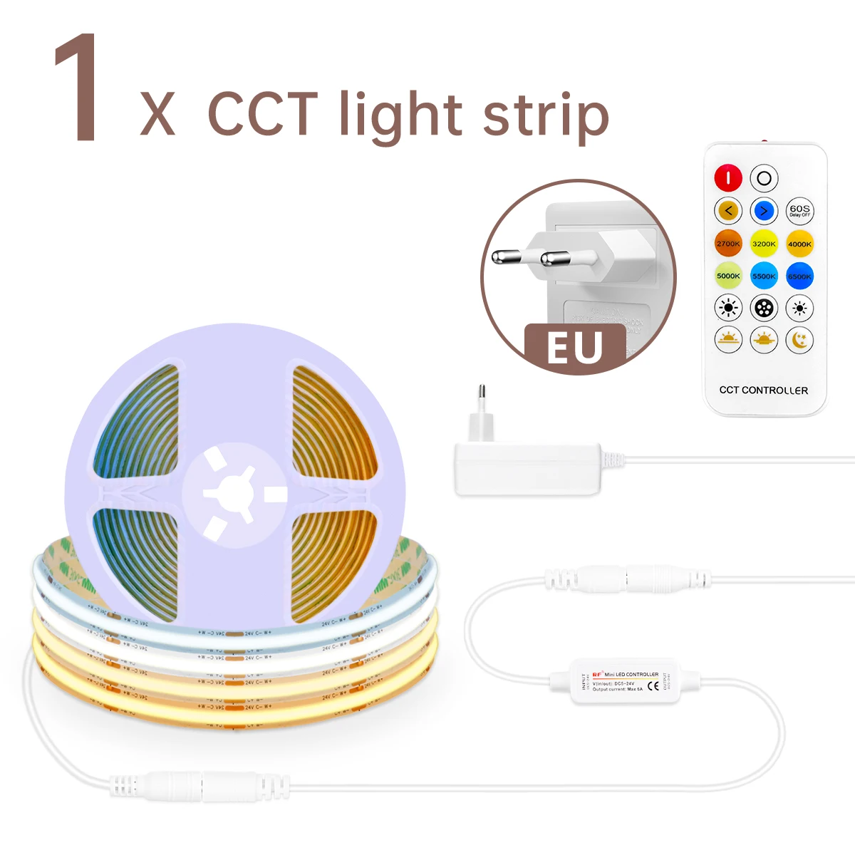 Luminária LED COB CCT de 10 M (Flexível e Dimerizável, DC24V)
