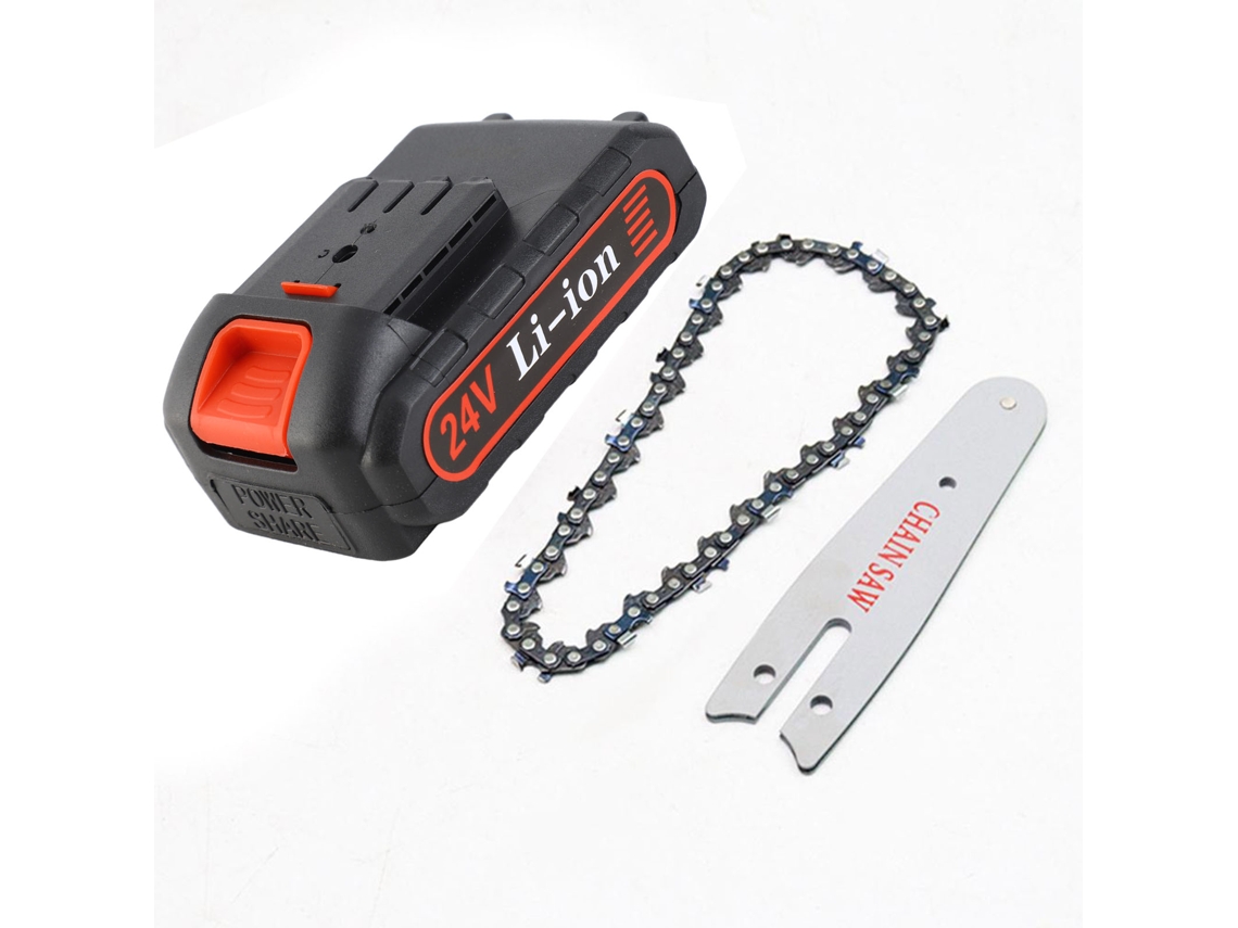 Conjunto de mini motosserra elétrica de 4 polegadas com acessórios e placa guia prática.