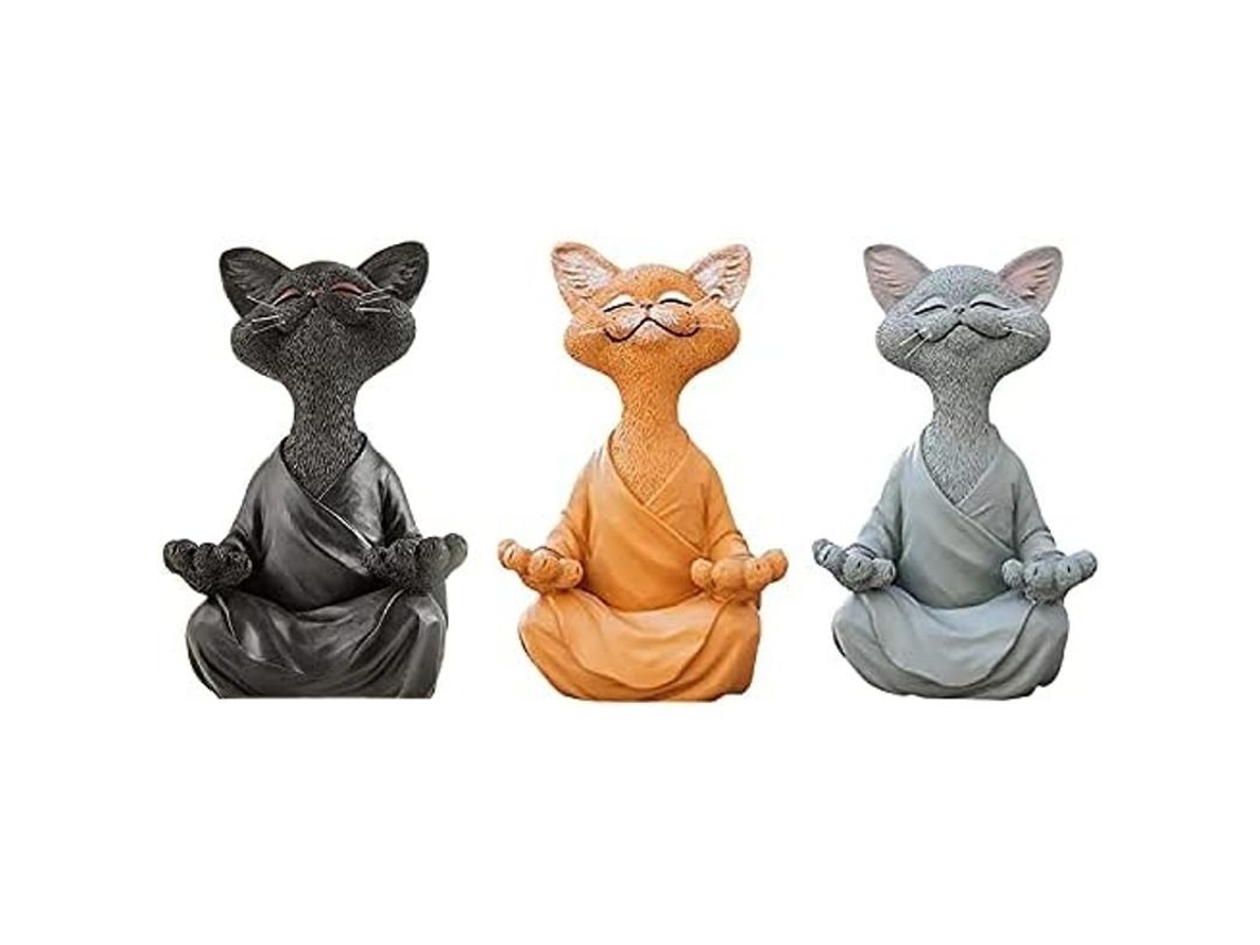 Conjunto De 3 Estátuas De Gato Em Meditação Zen - Gato Em Postura De Yoga - Decoração Para Casa E Jardim