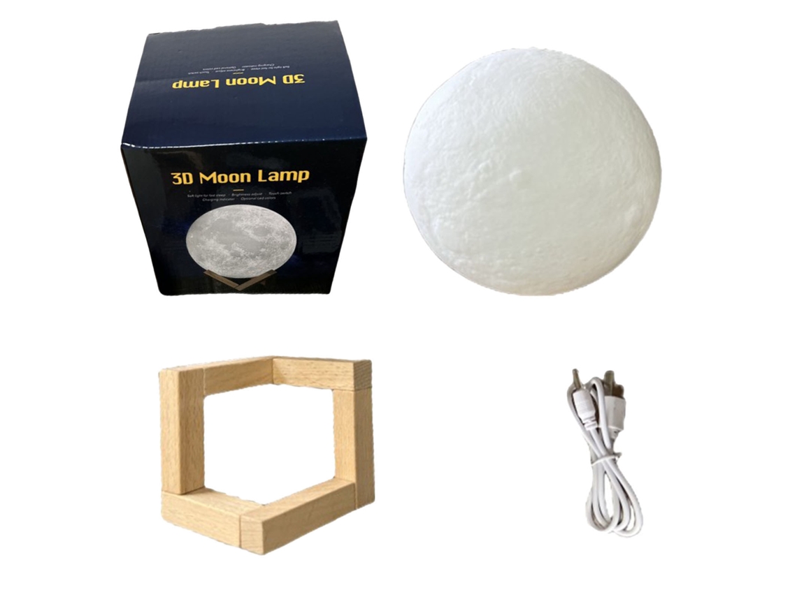 Lâmpada Lua 8cm 3d Led Touch 3 Cores com Base de Madeira