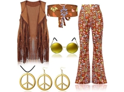 2026 traje Hippie Retrô Dos Anos 70 com Colete de Franje, Calças e Cachecol para Festa Disco Carnaval Halloween