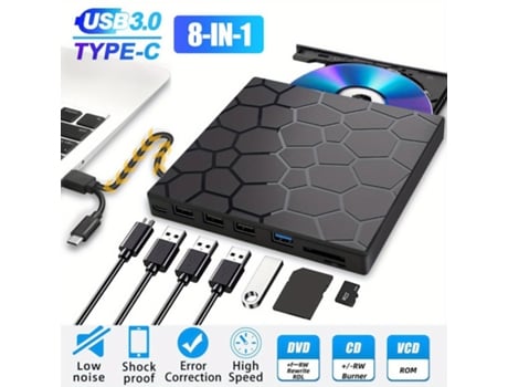 Gravador de DVD externo USB C 8 em 1 com leitor de cartão e CD para PC/Mac V Reel Qt01
