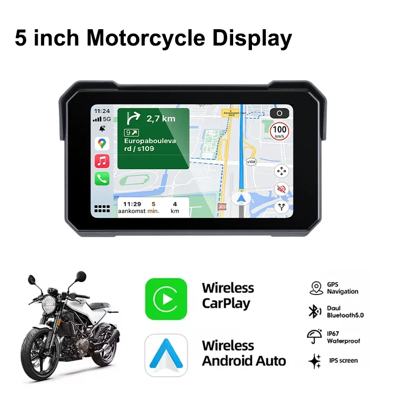 (carplay De 5 Polegadas) Navegação Carplay Para Motocicleta De 5 Polegadas, À Prova D'água Ip67 Sem Fio