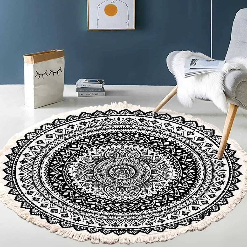 Tapete Redondo Algodão Com Franjas Lavável, 120 Cm, Cinza, Base Estável