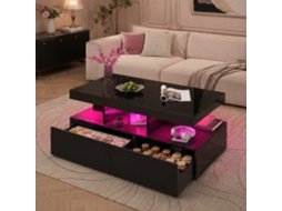 Mesa Baixa, Mesa De Salão Brilhante Com Iluminação Led Rgb, Mesa Baixa Com 2 Tiroteiras, Mesa De Agenda Para Canapé, Moderno, 104 X 46 X 53 Cm, Preto