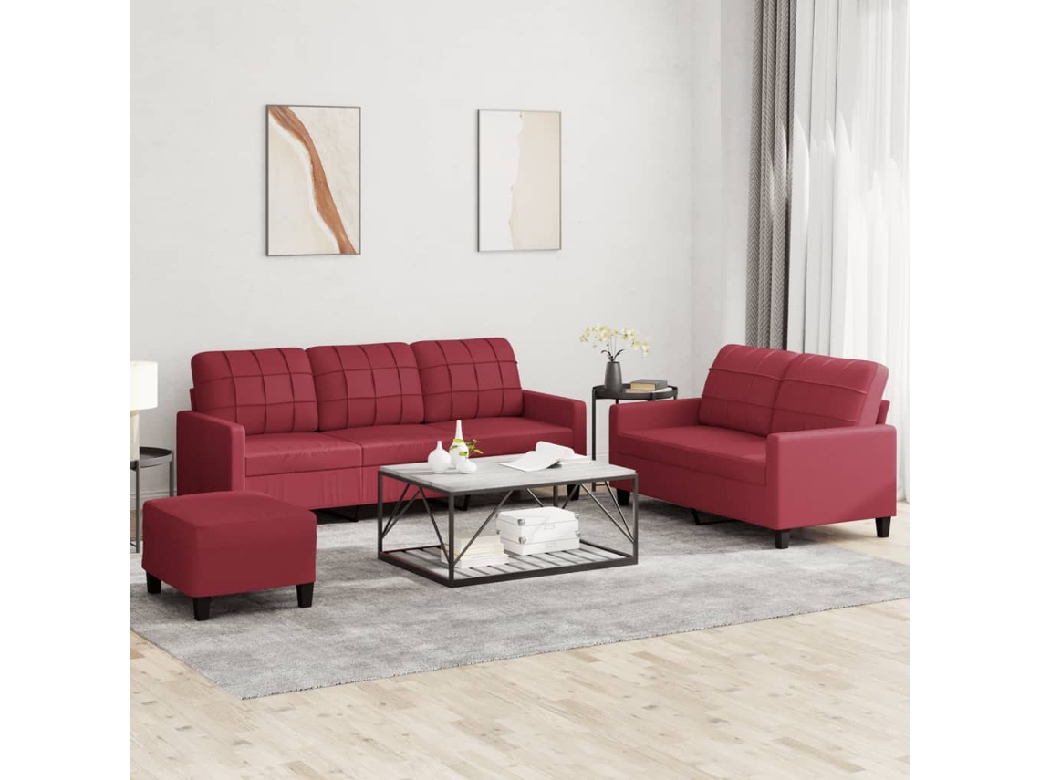Vidaxl 3 Pcs Conjunto Sofás C/ Almofadões Couro Artif. Vermelho Tinto