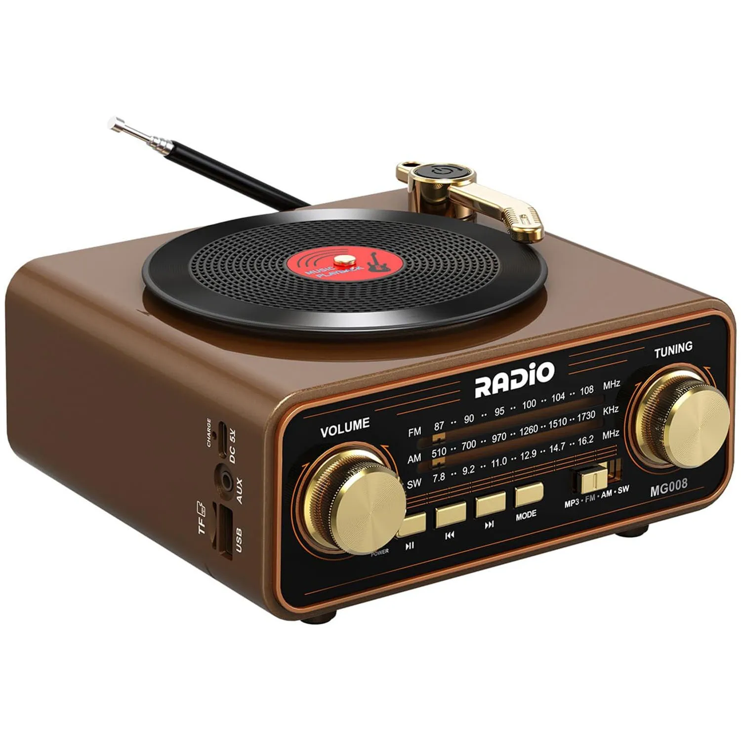 Rádio Portátil Fm/am/sw, Estilo Disco de Vinil, Alto falante Bluetooth Sem Fio, Reprodução de Streaming, Decoração para Casa. MDUG (marrom)