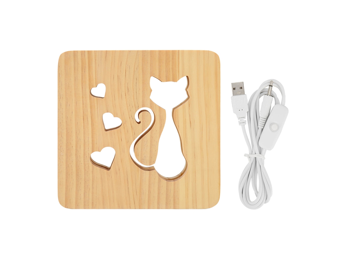 Lâmpada Noturna De Gato Com Coração De Madeira Oco 3d Led Para Quarto Restaurante