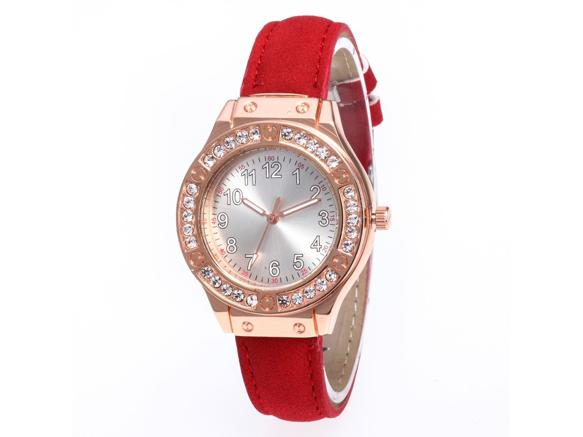 Relógio Feminino de Moda Pulseira de Couro Pu Quartz com Strass Redonda