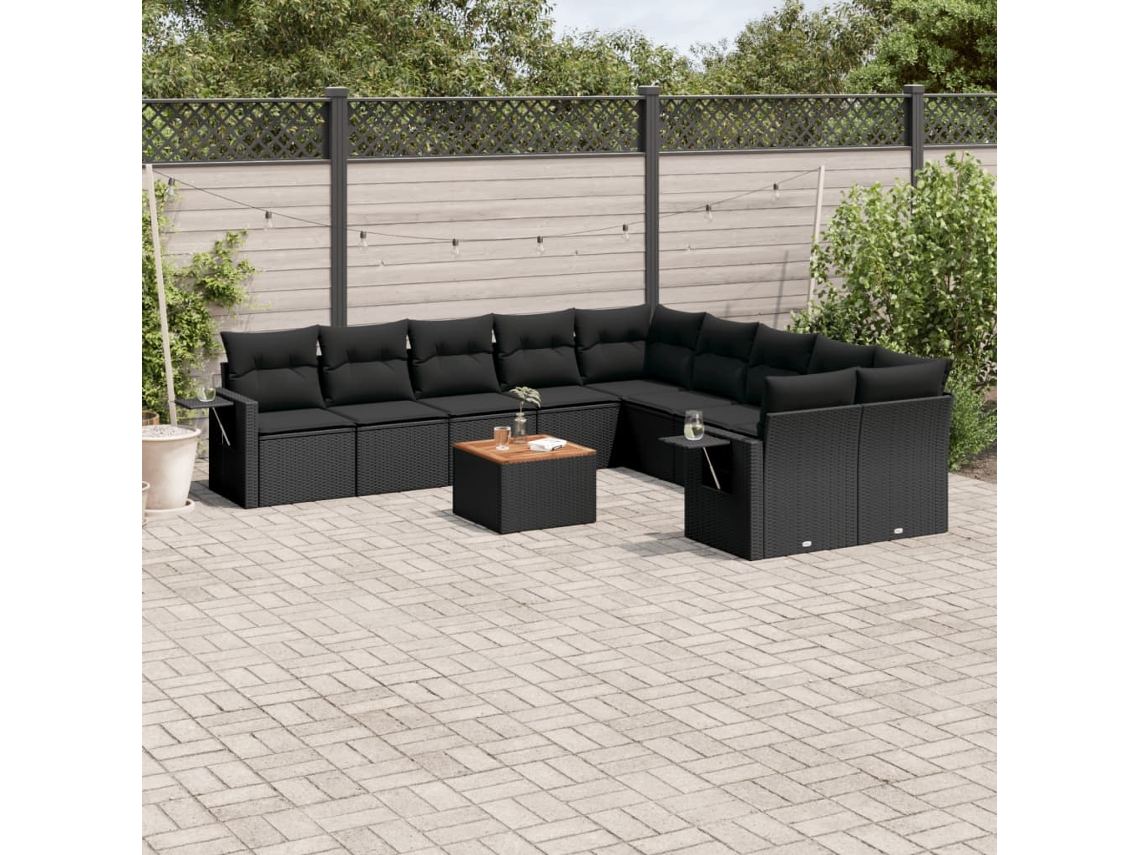 Vidaxl 11 Pcs Conjunto Sofás De Jardim C/ Almofadões Vime Pe Preto
