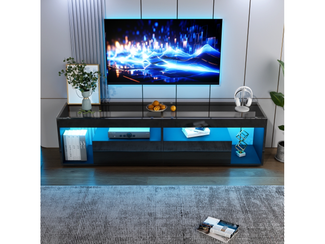 Armário de TV BTFORUS LED Brilhante, para TV de Até 70 Polegadas, Preto, com 2 Gavetas, Mesa de Console para Sala e Quarto