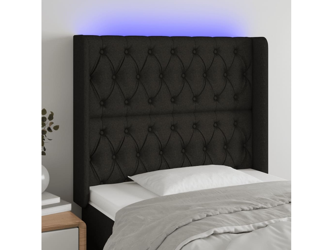 Cabecero con luces LED, tela, 93x16x118/128 cm, negro