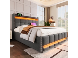Cama Estofada 160 X 200 Cm Iluminação Led E Tomada Usb, Cabeceira Com Prateleiras E Arrumação, Hidráulica Para Arrumação Cinza Mobrio