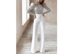 2026 mono de Mujer Sin Espalda Con Perlas Cuello Redondo Manga Larga Elegante Fiesta Boda Talla Regular
