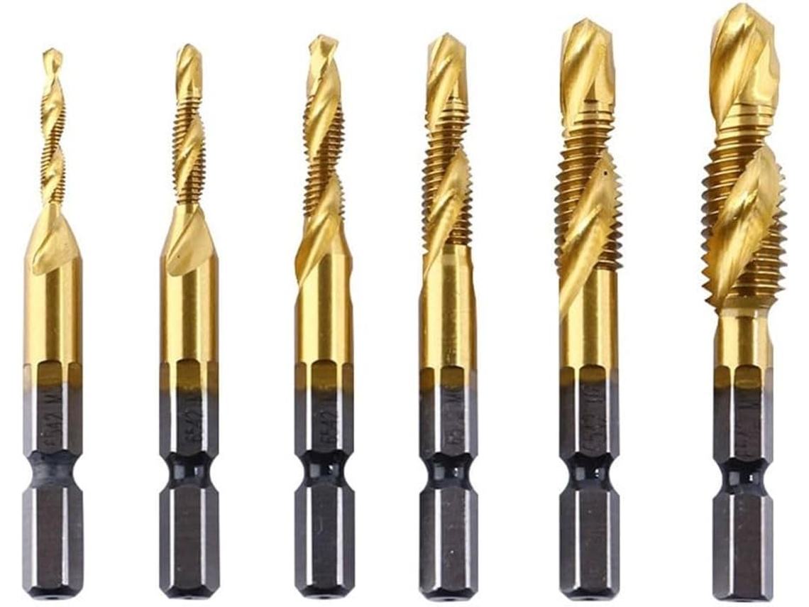 Conjunto De 6 Machos Rosca Sextavada Métrica E Brocas Espirais Hss 35mm Para Rosquear Metal, Madeira E Plástico