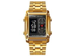 Relógio masculino Skmei 1868 quadrado, à prova d'água, com mostrador duplo e pulseira de aço Hengrongshen (dourado)