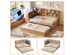 Cama Infantil Com Gavetas 90x200, Led E Usb, Cama Auxiliar 90x190, Beliche Em L, Dia A Dia Com Prateleiras, Cor Natural.