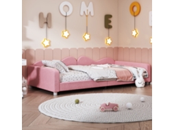 Cama Infantil 90x200cm Conversível em Sofá, Braços, Encosto, Estrado Incluso, Cap. 120kg, Sem Colchão, Rosa Teddy KOMHTOM