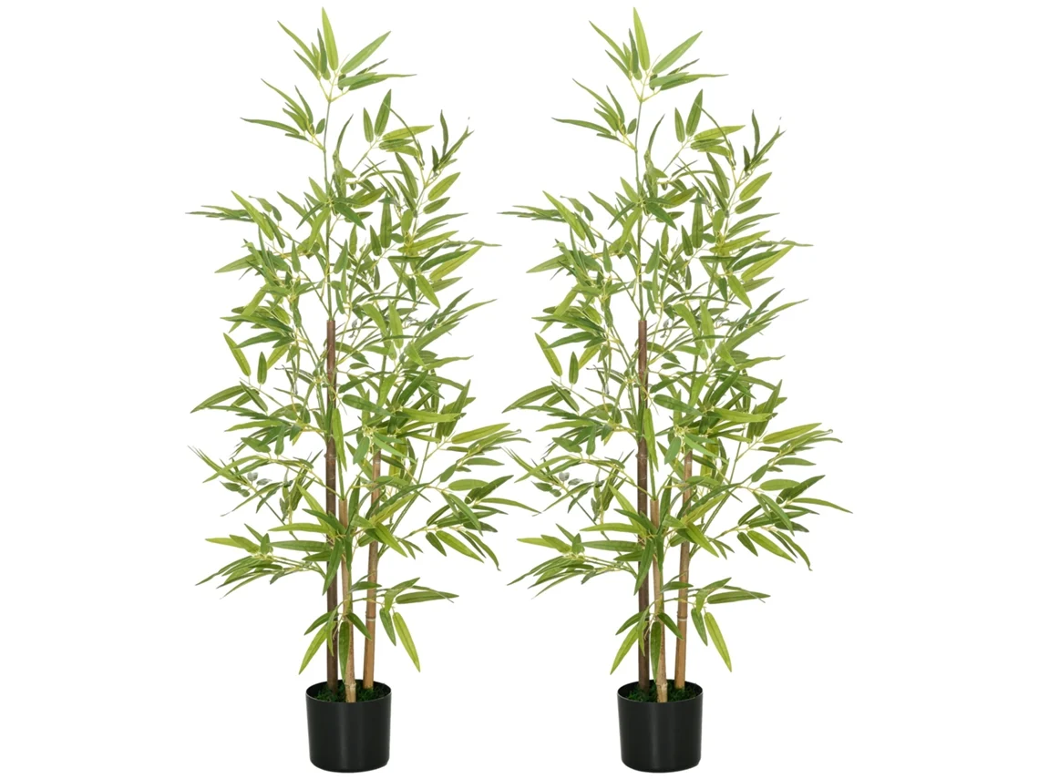 2 Plantas Artificiais de Bambu Sintético com 498 Folhas para Decoração de Sala e Escritório Ø15x120cm Verde BTFORUS