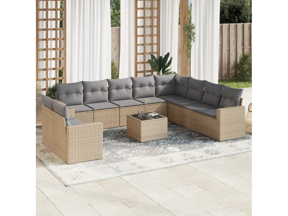 Vidaxl 11 Pcs Conjunto Sofás De Jardim C/ Almofadões Vime Pe Bege