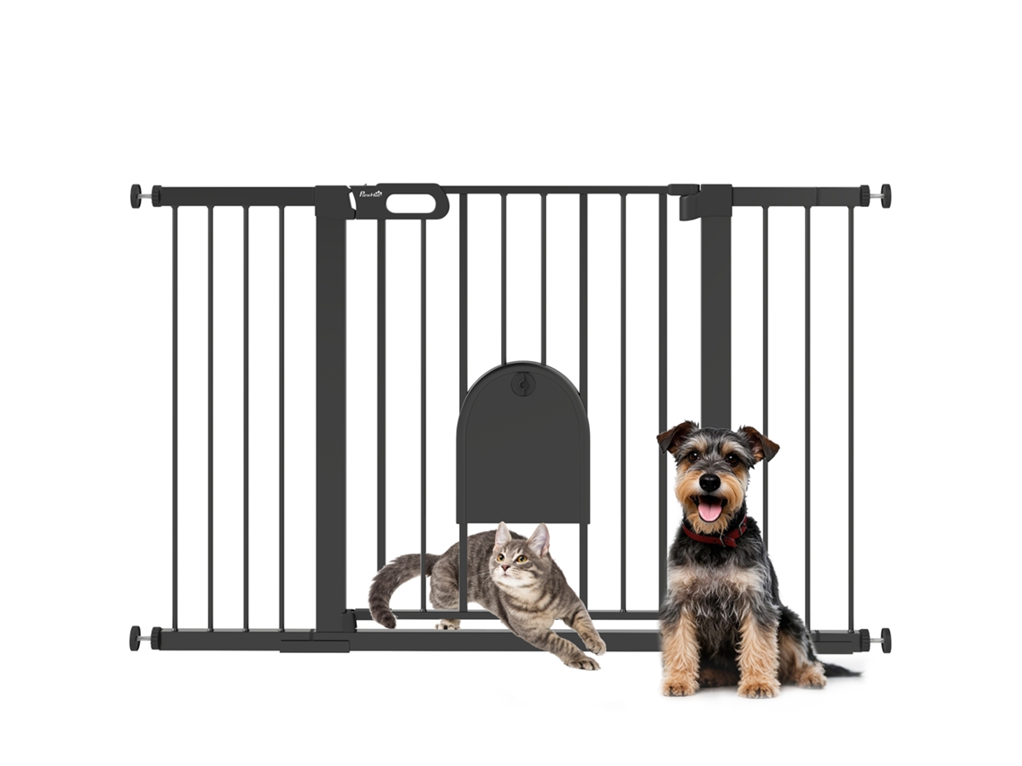 Barreira de Segurança para Cães com Porta Pequena para Escadas e Portas de 75 131 Cm com 3 Extensões Pretas Ge